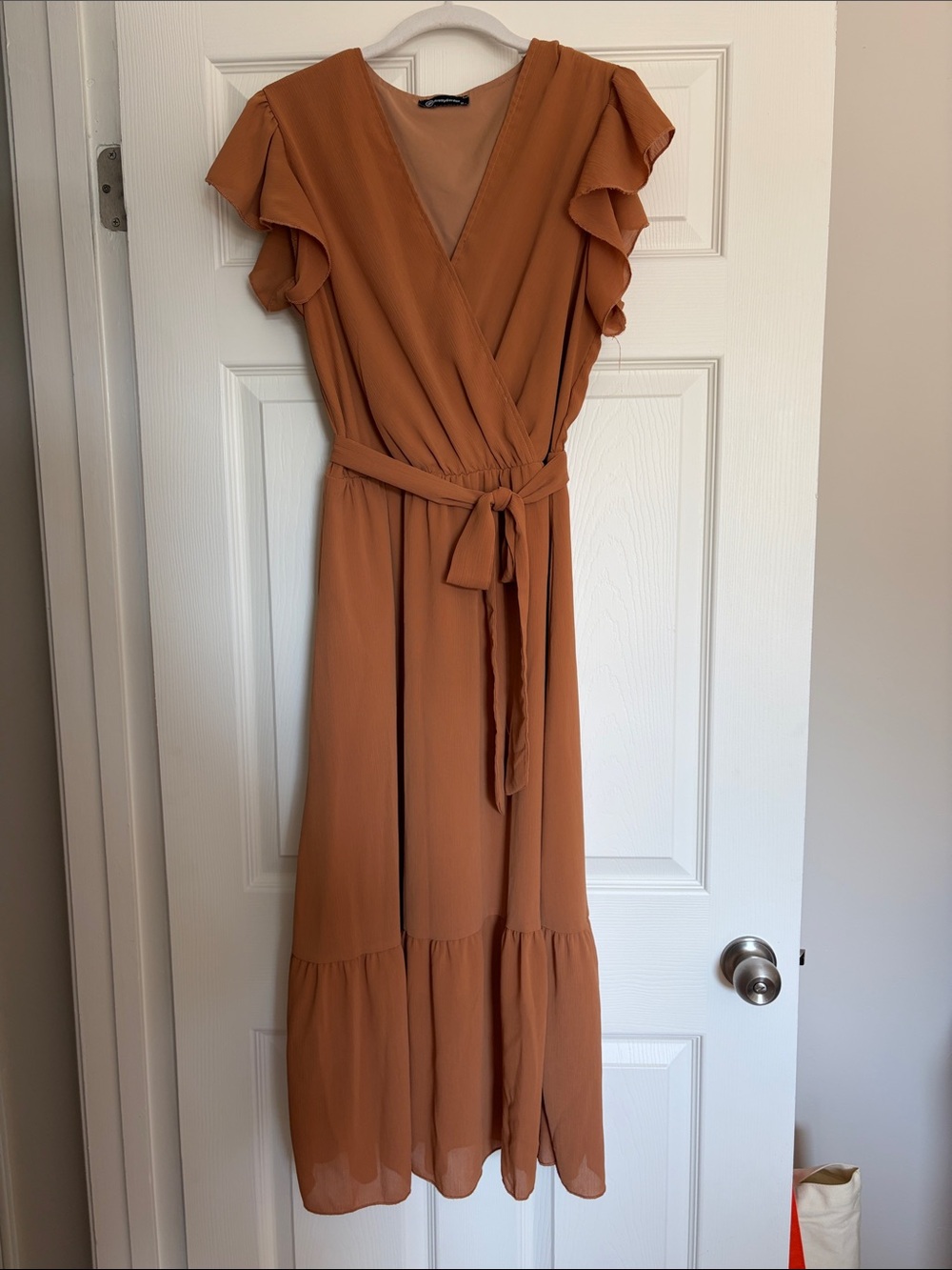 Rust Flutter-Sleeve Wrap Midi Dress